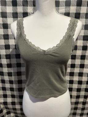 American Eagle Superchill Modal Ribbed Lace Trim Tank Top in Olive